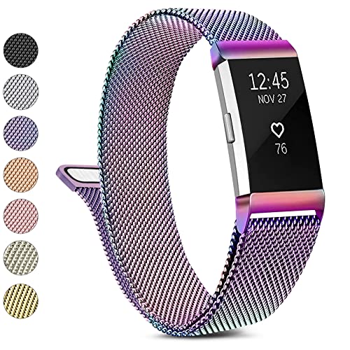 Metal Band Compatible with Fitbit Charge 2 Bands Women Men, Stainless Steel Mesh Loop Adjustable Wristband Replacement Strap for Fitbit Charge 2 (Large, Colorful)