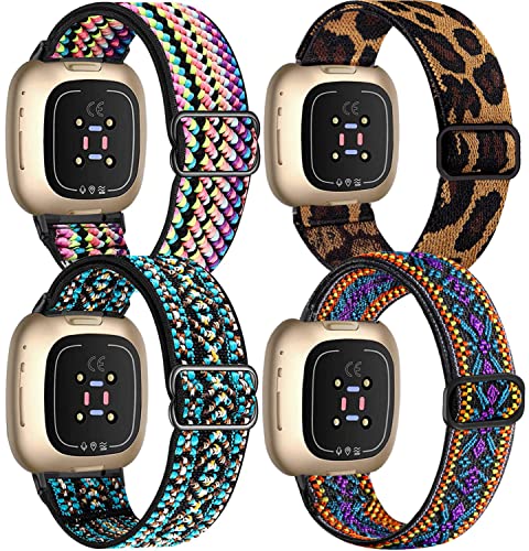 4 Pack Elastic Nylon Bands Compatible with Fitbit Versa 4/Versa 3/Sense 2/Sense, Soft Breathable Replacement Adjustable Stretchy Nylon Loop Wristband Sport Strap for Woman Man-Color 406