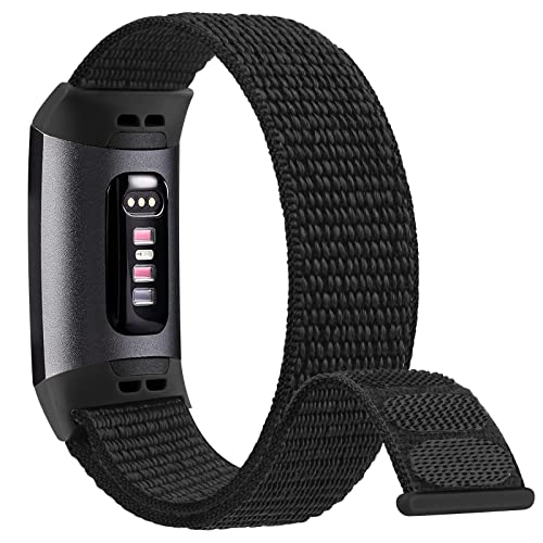 Tobfit Nylon Watch Band Compatible with Fitbit Charge 4 Bands/Charge 3 Bands for Women Men, Soft Loop Strap Replacement Wristband for Fitbit Charge 3/Charge 4 Fitness Activity Tracker, Black