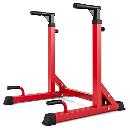 Goplus Adjustable Dip Bar, Heavy-duty Dip Station Dip Stand w/ 10 Height Levels, 4 Foam-wrapped Handle, Multi-function Parallel Bars for Home Gym Full Body Strength Training, Tricep Dips & Push-ups (Red)