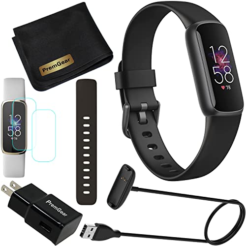 Fitbit Luxe Wellness & Fitness Tracker (Black/Graphite) with Heart Rate Monitor, Sleep Tracker, Bundle with 2 Watch Bands, 3.3foot Charge Cable, Wall Adapter, Screen Shield & PremGear for Fitbit