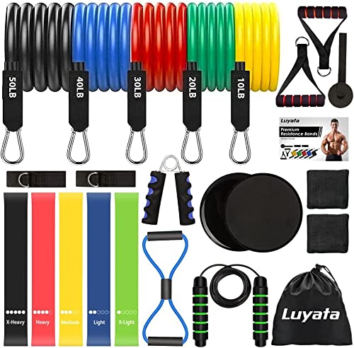Resistance Bands Set Workout Bands with 5 Stackable Exercise Bands, 5 Resistance Loop Bands, 2 Core Sliders, Door Anchor, Ankle Straps, Jump Rope,Hand Grip Strengthener