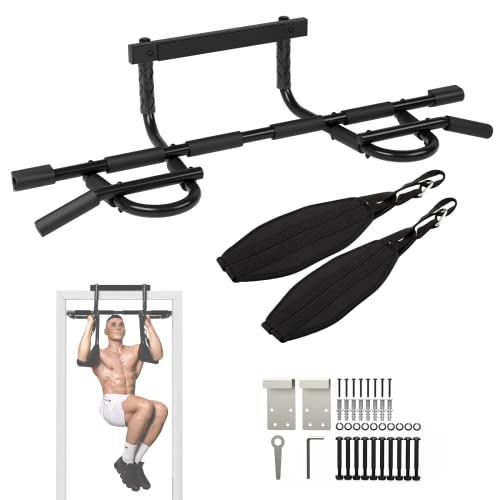 Yes4All Pull Up Bar for Doorway & Ab Straps, Solid 1 Piece Main Bar Construction, Multi Grips Pullup Bar for Home Gym Workout, No Screws Portable Door Frame Horizontal Chin Up Bar