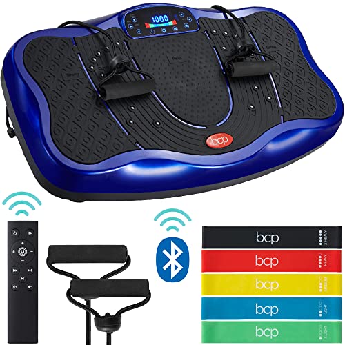 Best Choice Products Vibration Plate Platform, Full Body Exercise Machine for Fitness, Weight Loss, Toning w/ 5 Resistance Bands, Bluetooth Speakers, Remote Control – Diode Blue