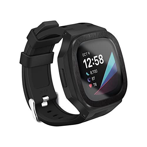 Case for Fitbit Versa 3/ Fitbit Sense Band Aluminum Alloy Rasied Cover + Glass Protector + Silicone Strap for Fitbit Sense/Versa 3 Case Men’s Replacement Wristbands (Classic Black)