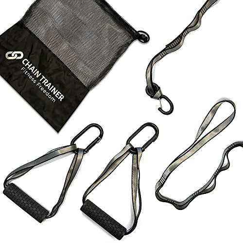 Chain Trainer Advanced – Suspension Trainer – Portable Home Gym – Bodyweight Resistance Multi-functional Workout Equipment 2 Nylon Chain Straps, 2 Ergonomic Handles with Carabiners, 2 Ceiling Anchors, 1 Door Anchor, 1 Mesh Drawstring Travel Bag, Silver