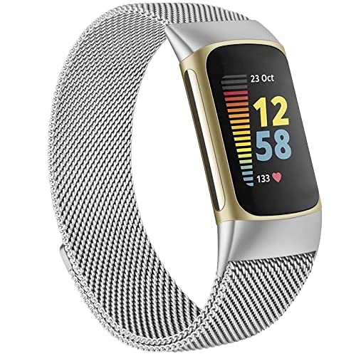 Amzpas Magnetic Band for Fitbit Charge 5. Brethable Metal Mesh Loop Wristband for Women Men, Stainless Steel Strap for Fitbit Charge 5 Advanced Health & Fitness Tracker