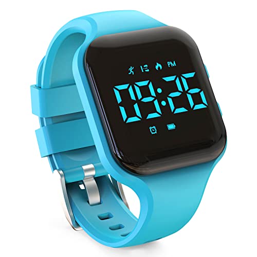 Kids Led Pedometer Watch , Digital Steps Tracker , Non-Bluetooth, Vibrating Alarm Clock, Stopwatch, Great Gift for Children Teens Girls Boys (Square- Blue)