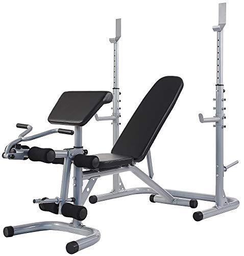BalanceFrom RS 60 Multifunctional Workout Station Adjustable Olympic Workout Bench with Squat Rack, Leg Extension, Preacher Curl, and Weight Storage, 800-Pound Capacity, Gray