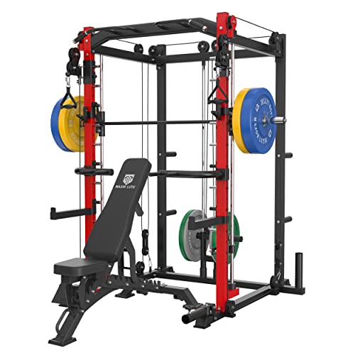 MAJOR LUTIE Smith Machine with Weight Bench and 230LBS Olympic Plates, SML01 1600LBS Power Cage with Crossover Machine,Landmine More Training Attachment(Red)