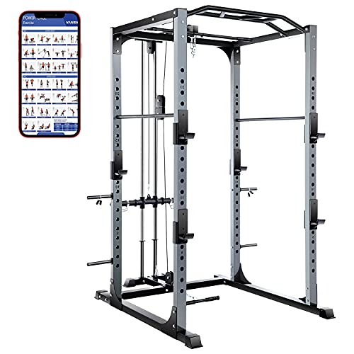 VANSWE Power Cage with LAT Pull Down Attachment, 1300-Pound Capacity Power Rack Full Home Gym Equipment with Multi-Grip Pull-up Bar and Dip Handle (2022 Updated Version)