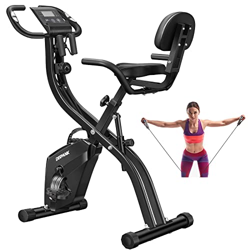 Folding Exercise Bikes DISPANK 3-in-1 X-Bike Indoor Portable Exercise Bikes, Sturdy Foldable Stationary Bike with Automatic Springback Arm Resistance Band and Backrest, 10-Level Resistance for Men, Women and Seniors