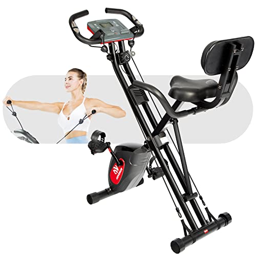 ADVENOR Exercise Bike Magnetic Bike Fitness Bike Cycle Folding Stationary Bike Arm Resistance Band With Arm Workout Backrest Extra-Large Seat Cushion Indoor Home Use (2 in 1 Standard Edition, black)
