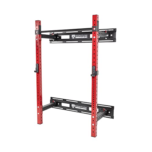 Signature Fitness 3” x 3” Wall Mounted Fold-in Power Cage Squat Rack with Adjustable Pull Up Bar and J Hooks – Space-Saving Home Gym, Red