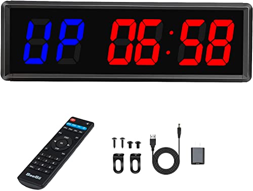 Gym Timer, Interval Timer with Ultra-Clear LED, Crossfit Clock Countdown/Up Stopwatch, 11″x 3.6″ Wall Workout Timer with Remote, Compatible with Power Bank for Home Gym Garage