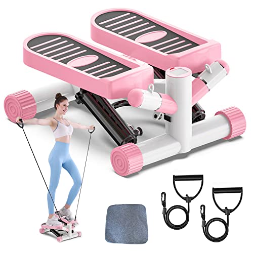Ganggend Portable Mini Stair Steppers Exercise Stepping Machine with Resistance Bands, Non-Slip Foot Pads with LCD Display, Step Fitness Machines for Home Office Workout Gym (Pink)