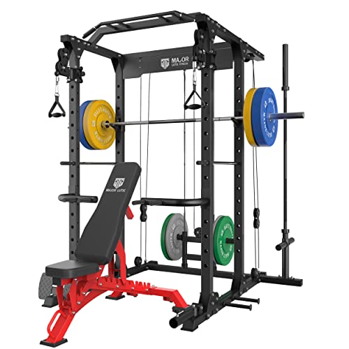 MAJOR LUTIE Power Cage with Weight Bench, 230LBS Weight Plates and Barbell, 1400 lbs Multi-Function Power Rack with Adjustable Cable Crossover System and More Exercise Machine Attachments Black