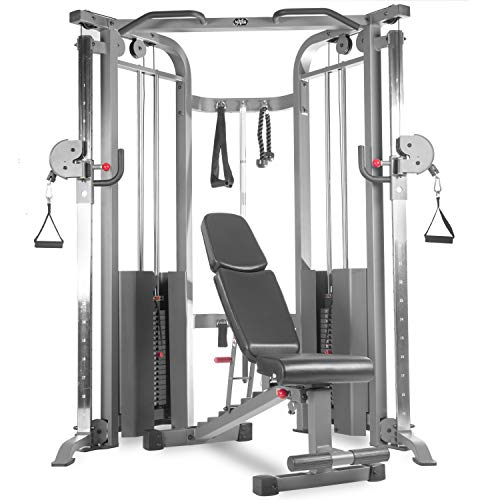 XMark Functional Trainer Cable Machine, Adjustable Pulley Cable Machine with Dual 200 lb Weight Stacks and Adjustable Weight Bench