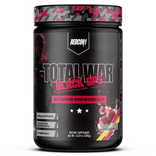 REDCON1 Total War Black Ops Extreme Preworkout Powder, Tigers Blood, High Stimulant, 400 mg Caffeine, NO3-T Nitrates + L-Citrulline, Increase Blood Flow, Muscle Pumps (20 Servings)