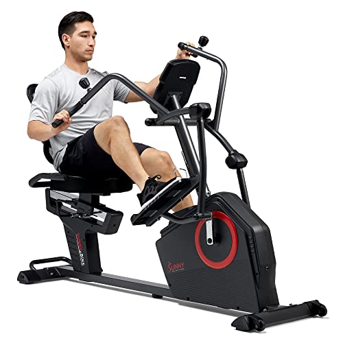 Sunny Health & Fitness Electromagnetic Recumbent Cross Trainer Exercise Elliptical Bike w/Arm Exercisers, Easy Access Seat & Exclusive SunnyFit® App Enhanced Bluetooth Connectivity – SF-RBE4886SMART