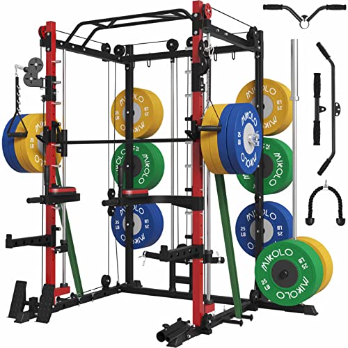 Mikolo Smith Machine, Multifunction Power Cage and Cable Crossover Machine, Workout Machine with Storage System, Band Pegs, Smith Bar and Other Attachments for Home Gym, M3-402