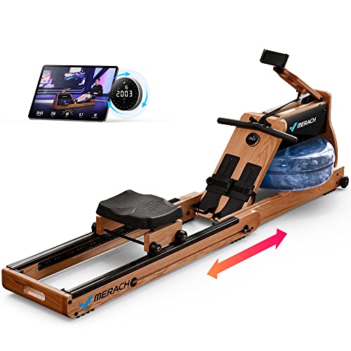 MERACH Water Electromagnetic Rowing Machine for Home Use, Foldable Wooden Rower Machine Included Exclusive App Lifetime Membership, MERACH Go Technology, Patented Space Saver, 950