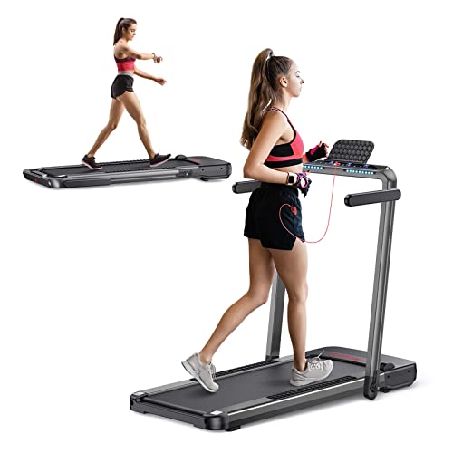 FLYLINKTECH 2 in 1 Folding Treadmill, 2.25HP Electric Under Desk Treadmill with App & Remote Control, Led Display, 12 Preset Programs, Installation-Free Running Walking Treadmill for Home Office