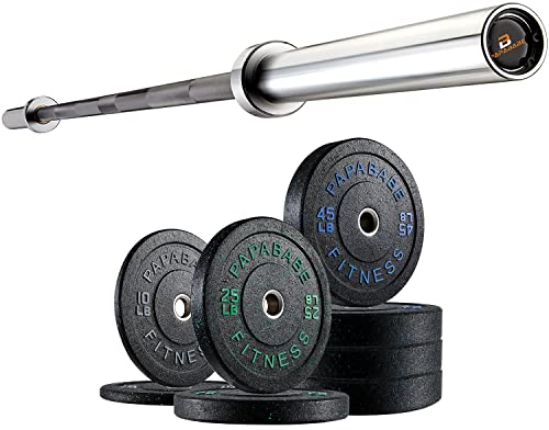 papababe Barbell Weight Sets, 7-Foot Olympic Bar Zinc Plated with 2-Inch High-Bounce Bumper Plates for Weight Lifting and Strength Training(250LB Set + Barbell)