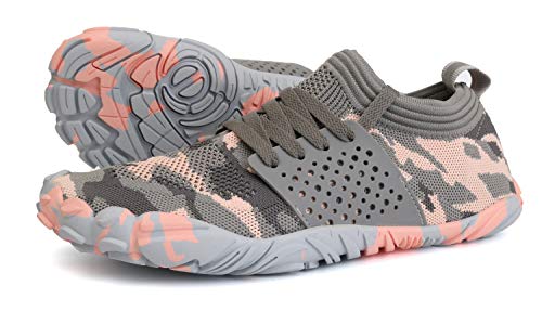 Joomra Women Barefoot Shoes Minimal Wide Cross Trainer for Ladies Runner Size 7.5-8 Athletic Hiking Trekking Toes Sneakers Workout Footwear Grey Pink 38