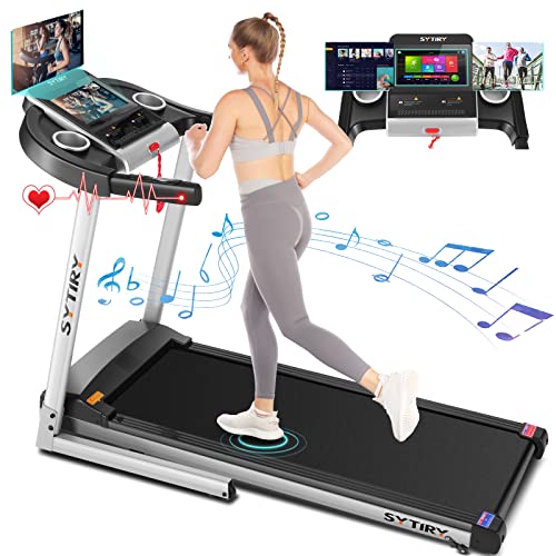 SYTIRY Treadmill with 10″ HD TV Touchscreen,Folding 3.25HP Brushless Motorand Incline Treadmills,WiFi Connection,3D Virtual Sports Scene