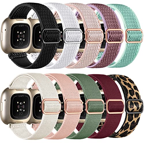 Dirrelo 10 Pack Stretchy Solo Loop Compatible with Fitbit Versa 4 / Sense 2 / Sense/Versa 3 Bands for Women Men, Breathable Stretchy Nylon Sport Strap for Fitbit Smart Watch Replacement Band