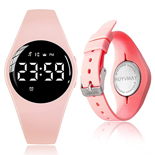 HUYVMAY Fitness Pedometer Watch No App No Phone Required, 20 Days Battery Life Rechargeable Watch,IP68 Waterproof LED Digital Watch with Alarm Clock Timer Steps Distance Calories for Women & Kids