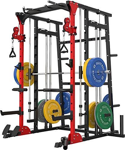MAJOR LUTIE Smith Machine with 230LBS Olympic Plates, SML07 1600lbs Power Cage with Smith Bar and Two LAT Pull-Down Systems and Cable Crossover Machine, 6 Cable Attachment
