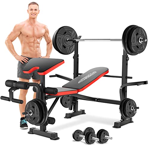 OppsDecor 600lbs Adjustable Weight Bench Workout Bench 5 in 1 Olympic Weight Bench Multi-Function Leg Developer Preacher Curl and Barbell Rack Incline Backrest for Indoor Home Gym Fitness Exercise Equipment