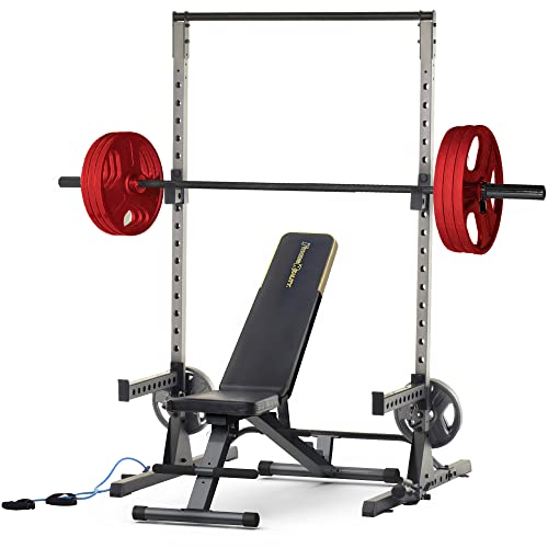 Fitness Reality Squat Rack and Weight Bench Combo with J-Hooks, Landmine 360° Swivel, Weight Plate Storage Attachment and Power Band Pegs