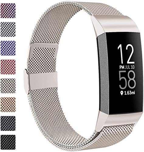 ZWGKKYGYH Compatible with Fitbit Charge 3 and Charge 4 Bands for Men Women, Stainless Steel Mesh Band Magnet Lock Strap Replacement for Fitbit Charge 4/ Charge 3 Fitness Tracker, Large Champagne