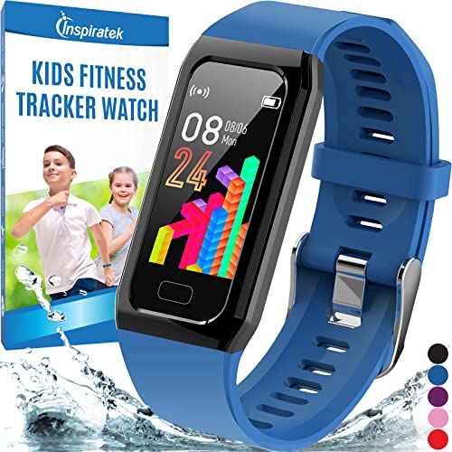 Inspiratek Kids Fitness Tracker for Girls and Boys (Age 5-16)- Waterproof Fitness Watch for Kids with Heart Rate Monitor, Sleep Monitor, Calorie Counter and More – Kids Activity Tracker (Blue)