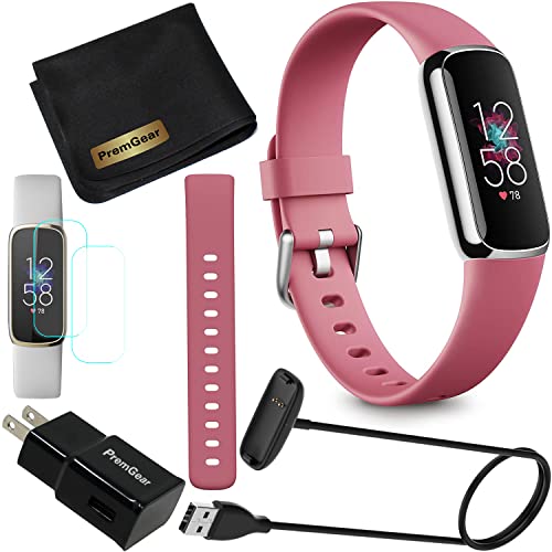 Fitbit Luxe Wellness & Fitness Tracker (Orchid/Platinum) with Heart Rate Monitor, Sleep Tracker, Bundle with 2 Watch Bands, 3.3foot Charge Cable, Wall Adapter, Screen Shield & PremGear
