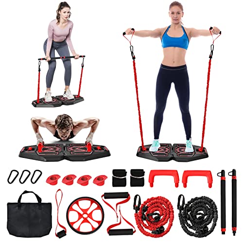 Goplus Portable Push Up Board, 33.5”x 20” Home Gym Workout Equipment w/ 16 Exercise Accessories, Tricep Bar, Resistance Bands, Ab Roller Wheel, Push-up Stand, Strength Training System for Men Women