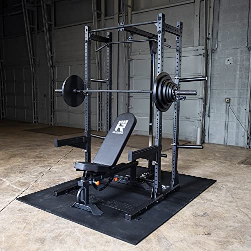 Heavy Duty Strength Training, Extended Half Rack Package with Lat, Bench, 300 lb. Weight Set, Mats, by Rugged Strength & Fitness