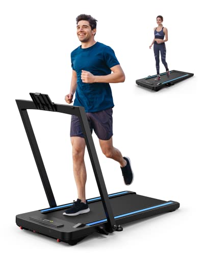 UREVO 2 in 1 Under Desk Treadmill, Install Free Folding Treadmill with Dual LED Display & Remote, 2.5HP Portable Running Jogging Walking Desk Treadmills for Home Office, Folding in 2s