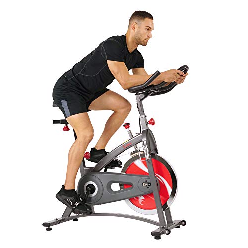 Sunny Health & Fitness Belt Drive Indoor Cycling Bike with LCD Monitor, 40 lb Chrome Flywheel, 265 lb Max Weight – SF-B1423, Gray