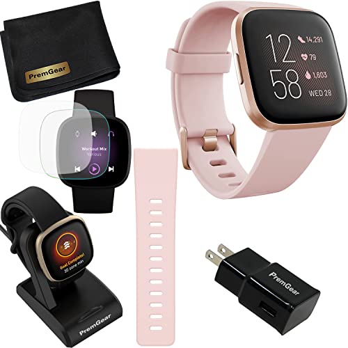 Fitbit Versa 2 Health and Fitness Smart Watch (Petal/Copper Rose) with Heart Rate Monitor, S & L Bands, Bundle with 3.3foot Charge Cable, Wall Adapter, Screen Protectors & PremGear Cloth