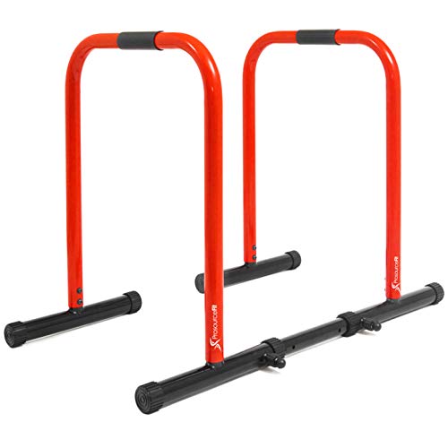 ProsourceFit Dip Stand Station, Heavy Duty Ultimate Body Press Bar with Safety Connector for Tricep Dips, Pull-Ups, Push-Ups, L-Sits, Red (ps-1065-ds-red)