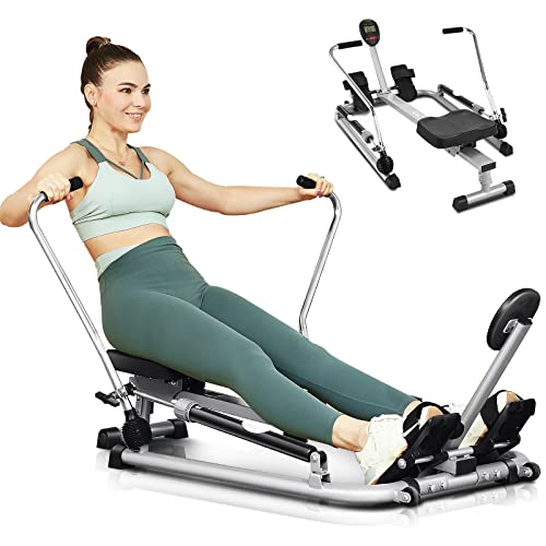 ANCHEER Rowing Machines for Home Use, Hydraulic Rowing Machine Foldable with 12 Resistance Levels & Upgraded LCD Monitor, Rower with Comfortable Seat Cushion for Full Body Exercise Cardio