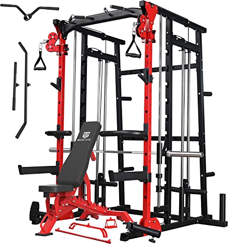 MAJOR LUTIE Smith Machine with Weight Bench, SML07 1600lbs Power Cage with Weight Bar and Two LAT Pull-Down Systems and Cable Crossover Machine, Exercise Machine Attachment(2023 Upgrade)