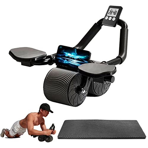 Automatic Rebound Abdominal Wheel with Knee Mat – Ab Roller Wheel with Elbow Support and Timer – Abs Wheel Roller for Core Workout, Home Gym, Abdominal Exercise (Black)