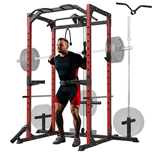 Mikolo Power Cage, Power Rack with LAT Pulldown, 1200 Pounds Capacity Workout Cage with More Training Attachments, Squat Rack for Home Gym, F4-301