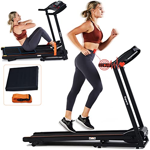 Ksports Treadmill Bundle Comprising of Electric Folding Treadmill for Home, Sit Ups Rack & Ab Mat & Dumb Bells for Home Office Gym, Patent Pending Design with Incline for Jogging, Walking w/Smart APP
