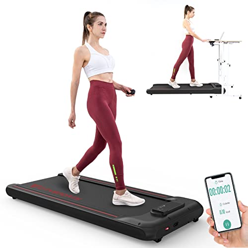 Under Desk Treadmill Portable Walking Pad,Bluetooth Built-in Speakers, Adjustable Speed with APP, LCD Screen & Calorie Counter, Ultra Thin and Silent, Intended for Home/Office (Black Red)